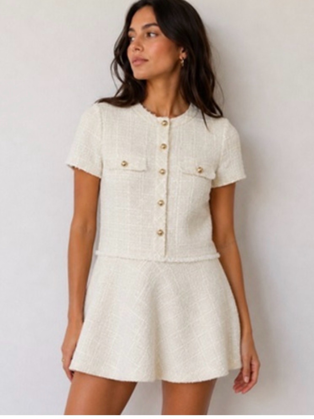 Zara Cream Tweed Short Sleeve Mini Dress with Gold Buttons
